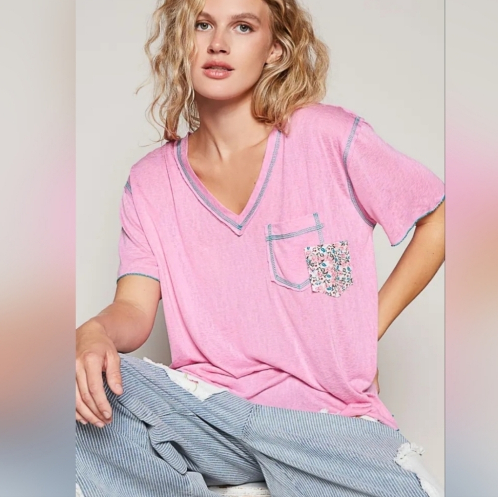 POL Double Patchwork V-neck Pocket T-shirt In Candy Pink  Small,Med,Large NIP